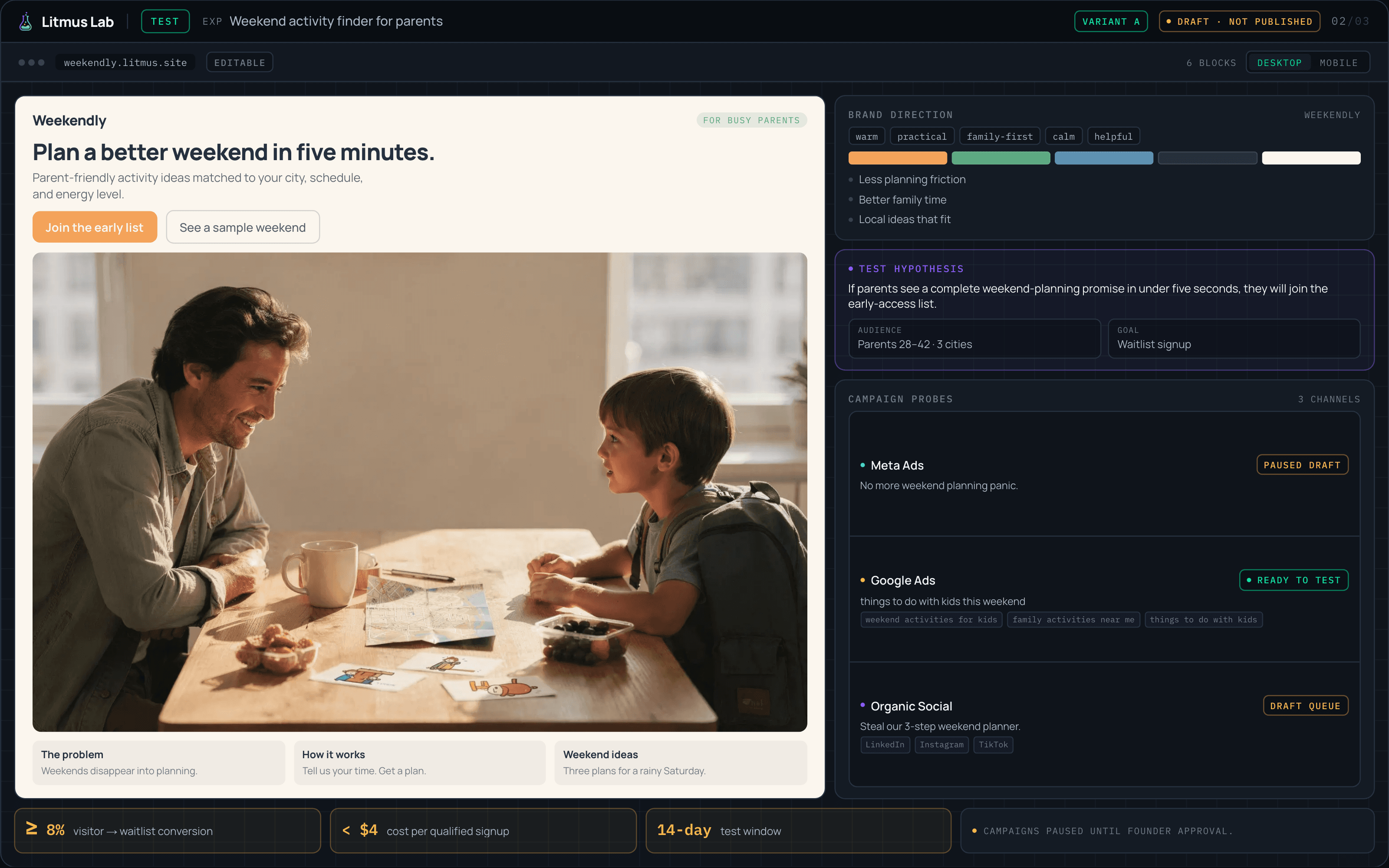 Screenshot of the Litmus Lab Test Page Builder interface